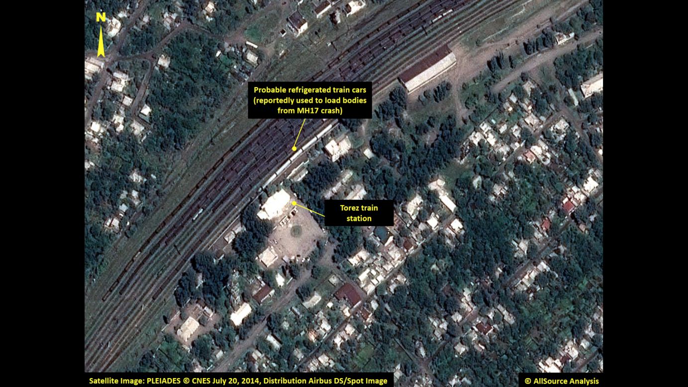 Refrigerated train cars are visible in this satellite image. Search teams have recovered 272 bodies, 251 of which have been loaded on trains with refrigerators, Ukrainian Prime Minister Arseniy Yatsenyuk said.