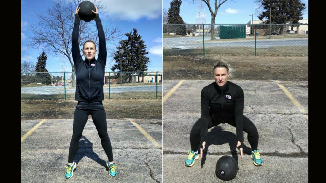 To simulate the downward power and core strength needed for this event, use a heavy medicine ball. With feet slightly wider than shoulder-width apart, reach the heavy ball above your head and stand on your toes to create a stretch. Dropping the hips down and back, force the heavy ball into the floor. Drop into your deep squat to retrieve the ball and return to the starting position.