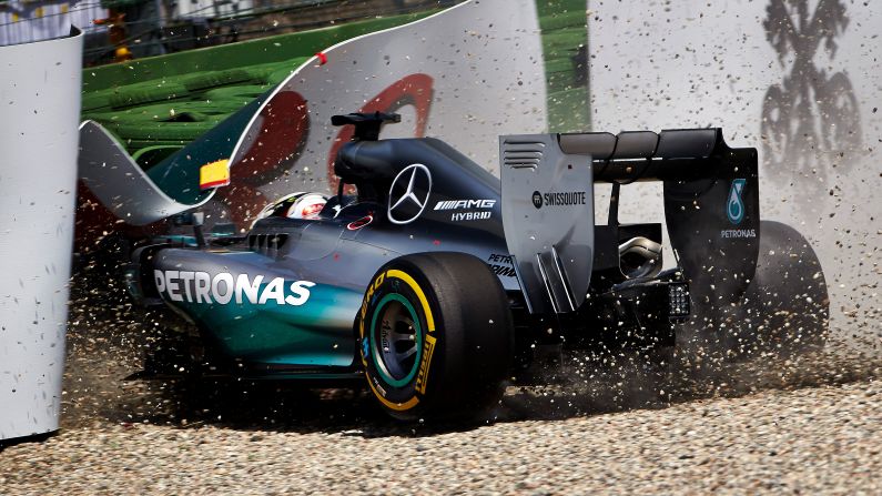 Formula One driver Lewis Hamilton crashes Saturday, July 19, during qualifying for the German Grand Prix. He would go on to finish third in the race, which was won by teammate Nico Rosberg.