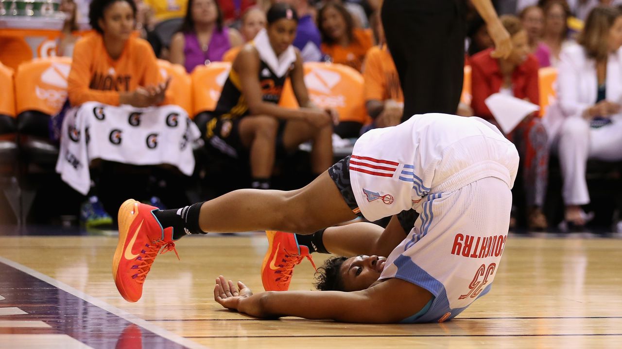 Angel McCoughtry of the Atlanta Dream flips over during the WNBA All-Star Game, which was played in Phoenix on Saturday, July 19.