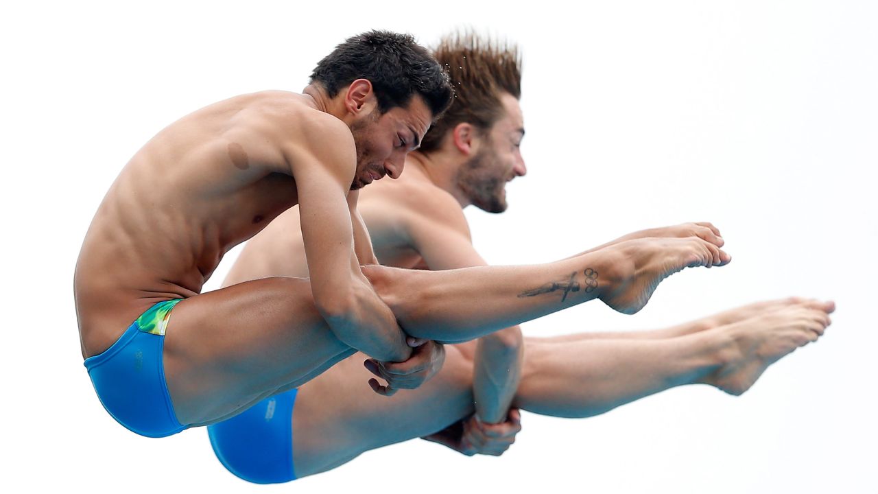 Synchronized divers Francesco Dell'uomo and Maicol Verzotto of Italy compete in the FINA Diving World Cup event Wednesday, July 16, in Shanghai, China. They finished 13th in the 10-meter platform, which was won by China's Yue Lin and Yuan Cao.