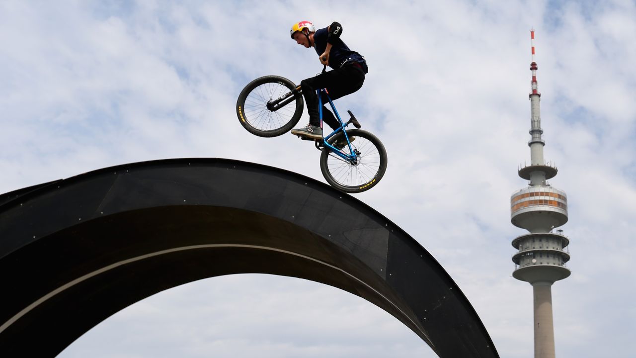 Thomas Genon competes in mountain bike slopestyle during the Swatch Prime Line event Sunday, July 20, at Munich Olympic Park in Munich, Germany.