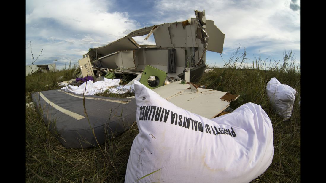 Wreckage from the jet lies in grass near Hrabove on July 21, 2014.