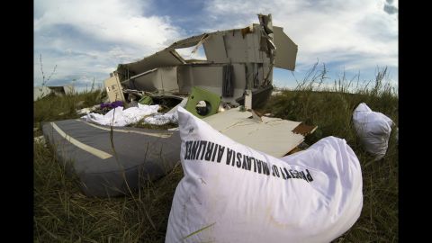 Wreckage from the jet lies in grass near Hrabove on July 21, 2014.
