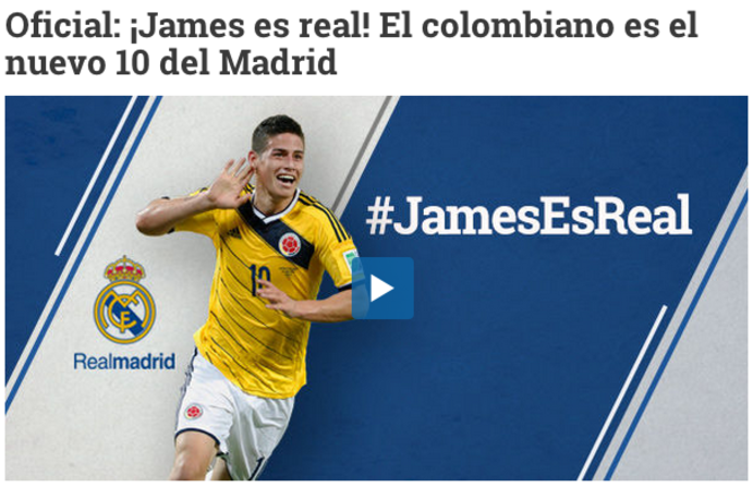 El diario El Tiempo usó el hashtag o etiqueta #JamesEsReal en un juego de palabras que reseñaba la contratación del colombiano por el Madrid.