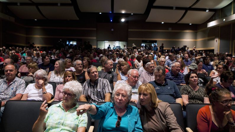 People in Murrieta attend a town hall meeting on Wednesday, July 2, to discuss the processing of undocumented immigrants.