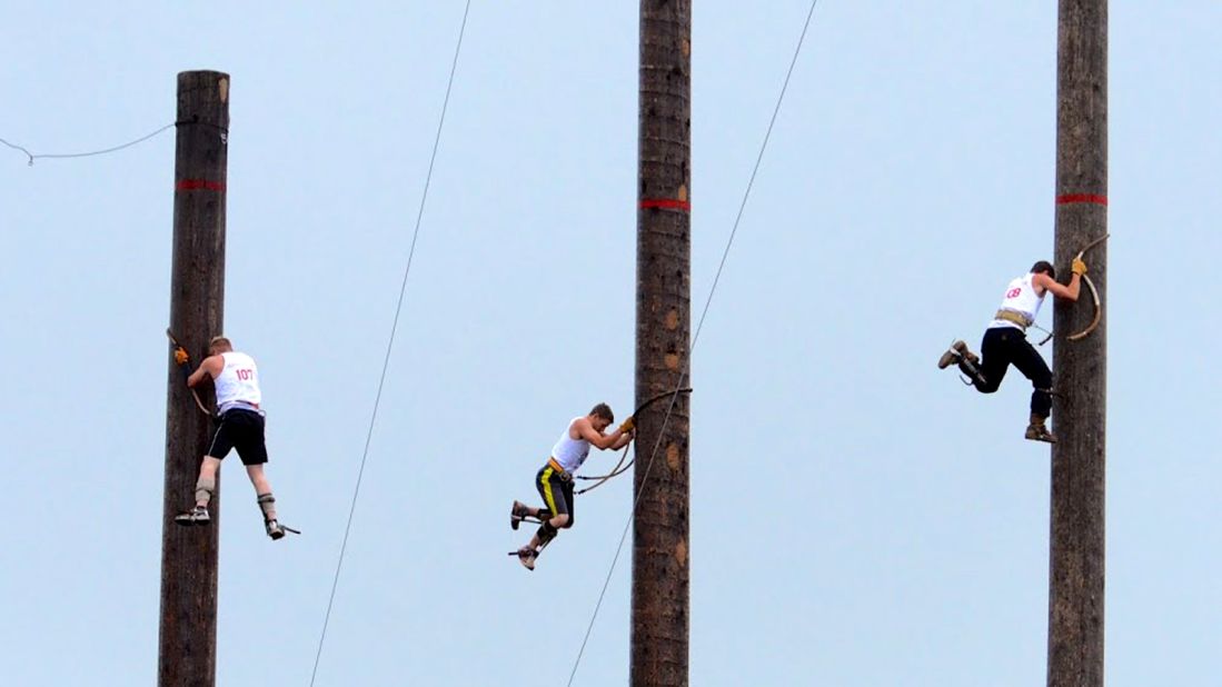 By far the most dangerous event in lumberjack sports, Verstegen says, is the speed climb. Athletes climb up 60- or 90-foot spar poles and descend back to the ground at lightning speed.