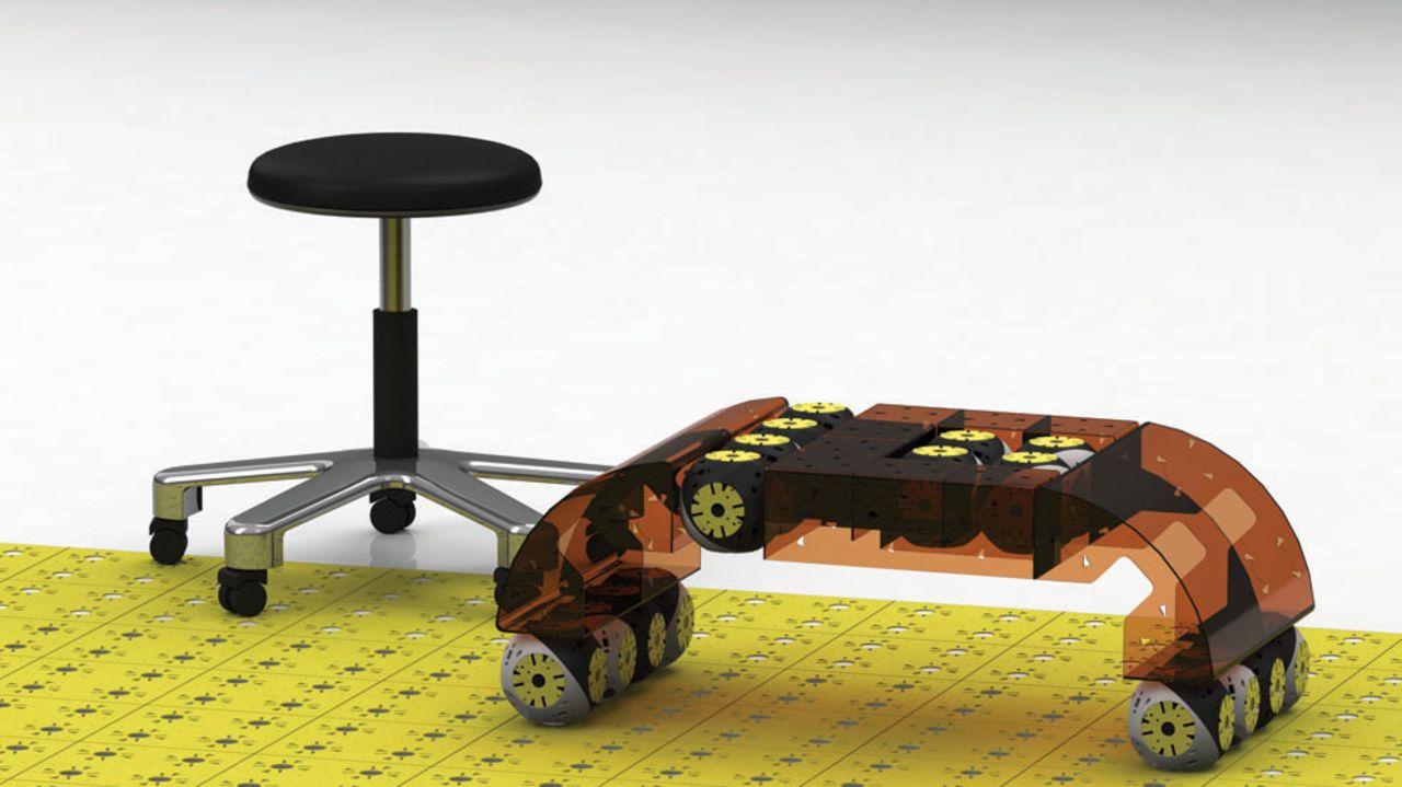 A rendering of a coffee table made from eight Roombots modules, and passive pieces.