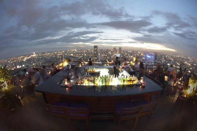 The high-wire views at the 61st floor Vertigo and Moon Bar, Banyan Tree Bangkok are rivaled only by those at the Sky Bar at Sirocco, another of the city's drinking "high points."