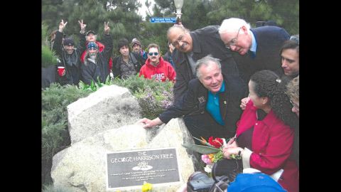 The original dedication of the George Harrison Tree site in Los Angeles' Griffith Park in 2004.