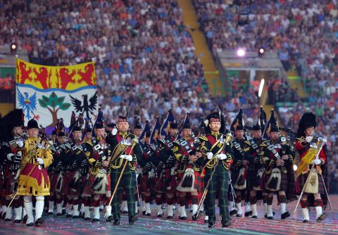 A traditional Scottish pipe band performs during the opening ceremony in Glasgow.