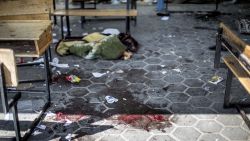 A trail of blood is seen in the courtyard of a UN School in the northern Beit Hanun district of the Gaza Strip on July 24, 2014, after it was hit by an Israeli tank shell. At least nine people were killed, including a baby, when an Israeli tank shell slammed into a UN-run school in the northern Gaza Strip, an AFP correspondent said. AFP PHOTO/MARCO LONGARIMARCO LONGARI/AFP/Getty Images