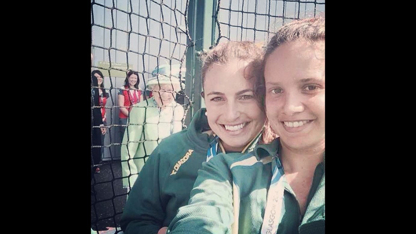 Britain's Queen Elizabeth II is seen in <a href="https://twitter.com/_JaydeTaylor/statuses/492269017215012864" target="_blank" target="_blank">this selfie tweeted</a> Thursday, July 24, by Jayde Taylor, an Australian field hockey player. "Ahhh The Queen photo-bombed our selfie!!" wrote Taylor, seen here to the left of teammate Brooke Paris. They were in Glasgow, Scotland, to compete at the Commonwealth Games.