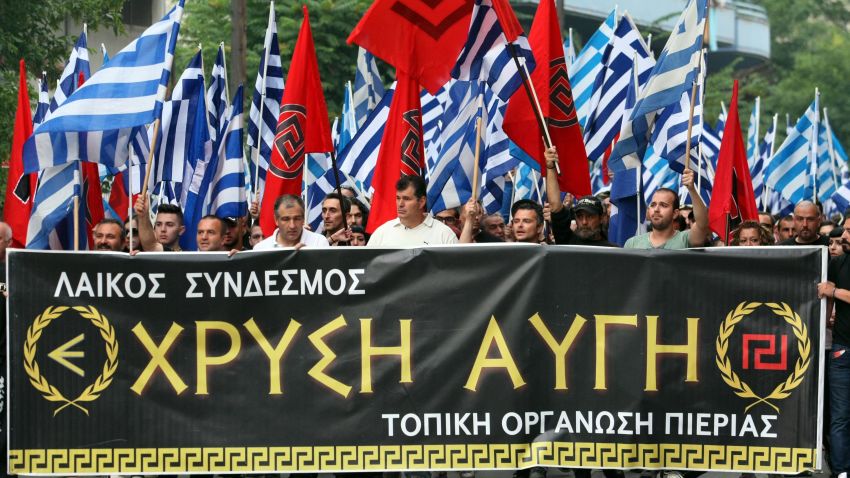 Members of Greek neo-Nazi party Golden Dawn march during an event in memory of Alexander the Great in Thessaloniki on June 15, 2014. Formerly on the fringe of Greek politics, the openly xenophobic and anti-Semitic Golden Dawn won entry to Greece's 300-seat parliament for the first time in elections in June 2012, tapping into widespread anger over immigration and austerity reforms in the debt-ridden country. AFP PHOTO / SAKIS MITROLIDISSAKIS MITROLIDIS/AFP/Getty ImagesMembers of Greek neo-Nazi party Golden Dawn march during an event in memory of Alexander the Great in Thessaloniki on June 15, 2014. Formerly on the fringe of Greek politics, the openly xenophobic and anti-Semitic Golden Dawn won entry to Greece's 300-seat parliament for the first time in elections in June 2012, tapping into widespread anger over immigration and austerity reforms in the debt-ridden country. AFP PHOTO / SAKIS MITROLIDISSAKIS MITROLIDIS/AFP/Getty Images