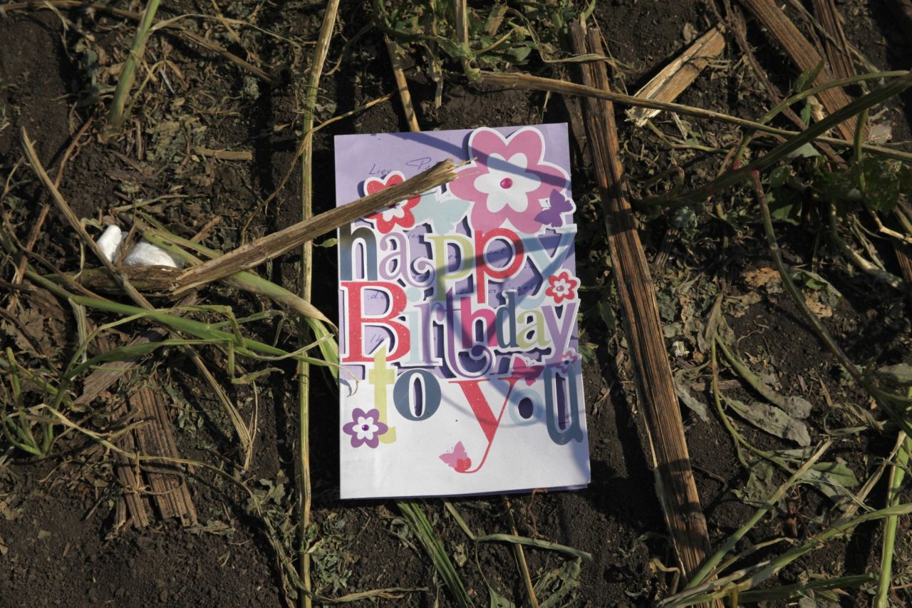 A birthday card found in a sunflower field near the crash site of <a href="http://www.cnn.com/specials/world/mh17-specials-page/index.html" target="_blank">Malaysia Airlines Flight 17</a> in eastern Ukraine, on Thursday, July 24. The passenger plane was shot down July 17 above Ukraine. All 298 people aboard were killed, and much of what they left behind was scattered in a vast field of debris.