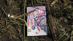 A birthday card found in a sunflower field near the crash site in eastern Ukrain, on Thursday, July 24.