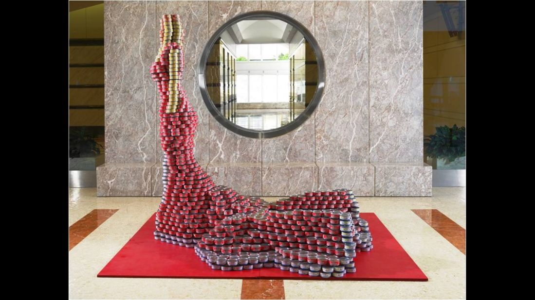 "AdDRESSing Hunger" used nearly 8,000 canned goods to create an evening design sculpture. Breanne Cadabona, a student at the Fashion Institute of Design & Merchandising, designed it for the 2010 Canstruction event in Orange County, California.