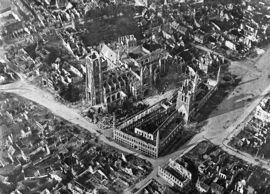 An early aerial photograph from 1915 shows the Belgian town of Ypres, the site of three major battles during World War I, and almost completely devastated by bombing.  