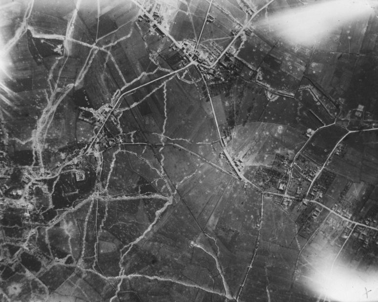An aerial reconnaissance photograph from May 29, 1915, shows trench networks at Le Plantin, "Windy Corner," in France.