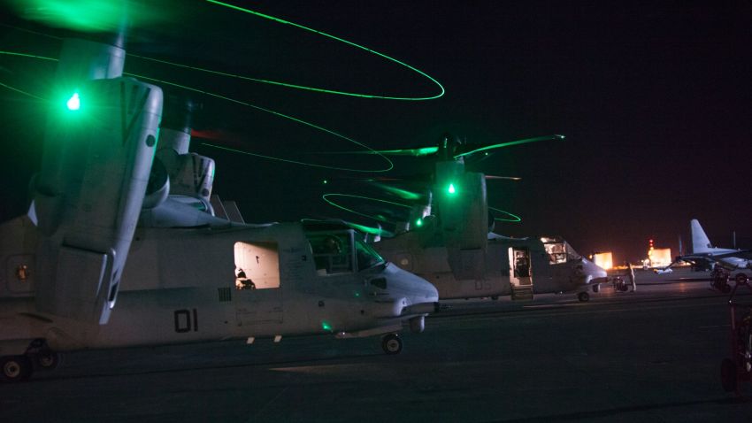 MV-22B tiltrotor Ospreys with Special-Purpose Marine Air-Ground Task Force Crisis Response prepare to take off in support of a military assisted departure from the U.S. Embassy in Tripoli, Libya, July 26, 2014. The Department of State, in coordination with the U.S. Ambassador for Libya, requested Department of Defense support for a military-assisted departure of embassy personnel. SP-MAGTF Crisis Response is a self-deploying, self-sustaining task force with the capacity to provide a rapid-response capability to U.S. Africa Command. (U.S. Marine Corps photo by 1st Lt. Maida Kalic)