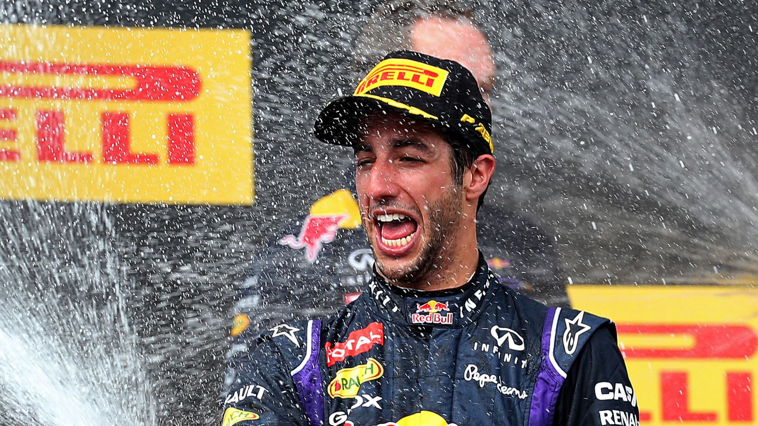 Daniel Ricciardo celebrates his superb victory in the Hungarian Grand Prix for Red Bull.