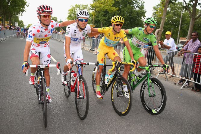 The four main jersey winners at the Tour. Rafal Majka, King of the Mountains, Thibaut Pinot, white for best young rider, Nibali in yellow and Peter Sagan in green.