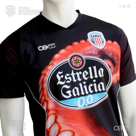 Another culinary trademark of Galicia is Pulpo Gallego, the local octopus dish, which is why this Deportivo Lugo kit is embossed with a giant red tentacle.