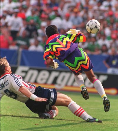 Former Mexico goalkeeper Jorge Campos used to design his own uniforms. This particularly bright number worn at the 1994 World Cup was said to be inspired by his country's Aztec history.