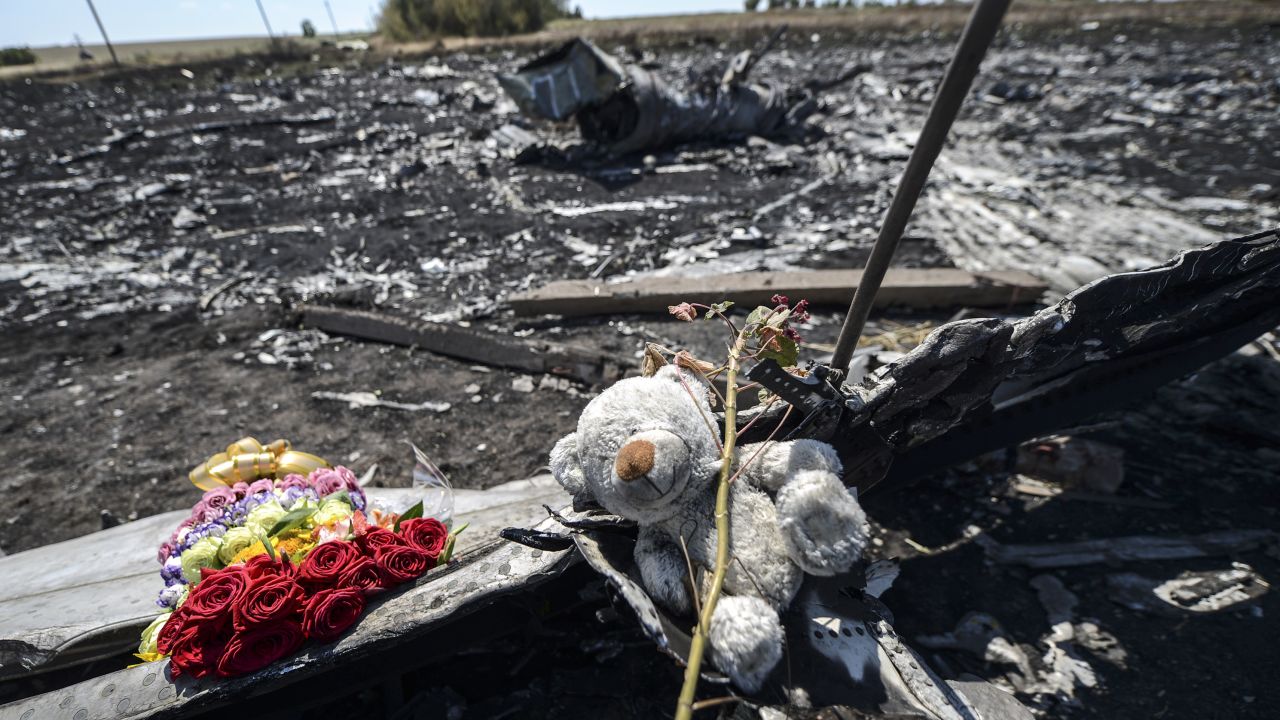 Flowers and a teddy bear, left by parents of an Australian victim of the crash, laid on a piece of the Malaysia Airlines plane MH17 in eastern Ukraine.