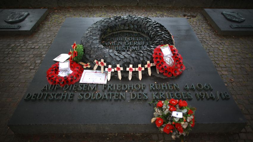 Wreaths and crosses are placed near the entrance of the German Langemark cemetery on March 26, 2014 in Poelkapelle, Belgium.