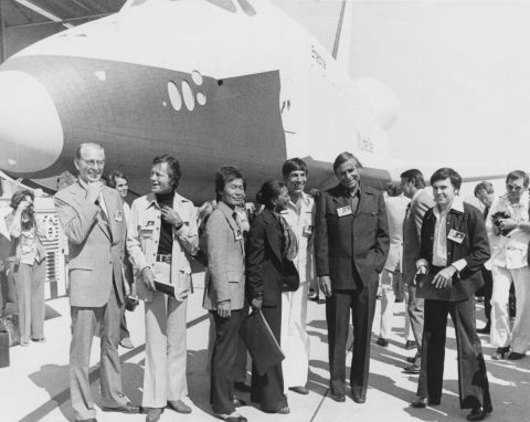 The Star Trek cast help unveil the space shuttle orbiter OV-101 -- also known as "Enterprise" -- at the NASA/Rockwell International Space Division assembly plant at Palmdale, California, in 1976.