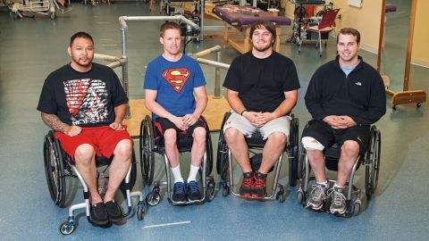 Andrew Meas, from left, Dustin Shillcox, Kent Stephenson and Rob Summers underwent epidural stimulation at the Human Locomotion Research Center in Louisville, Kentucky. 