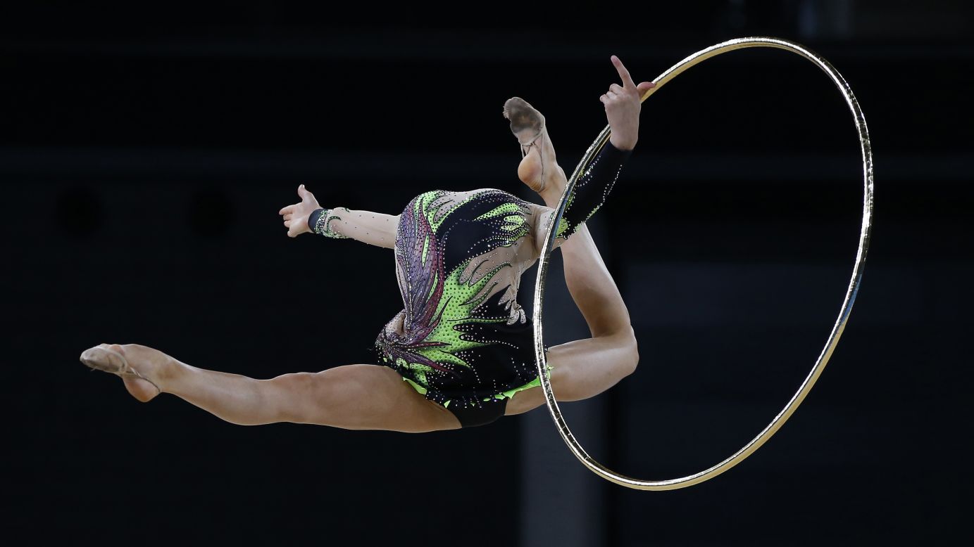 Laura Halford of Wales jumps during her routine as she competes in the individual all-around final of rhythmic gymnastics Friday, July 25, at the Commonwealth Games in Glasgow, Scotland. Halford finished third behind Canadian winner Patricia Bezzoubenko and Welsh silver-medalist Francesca Jones.