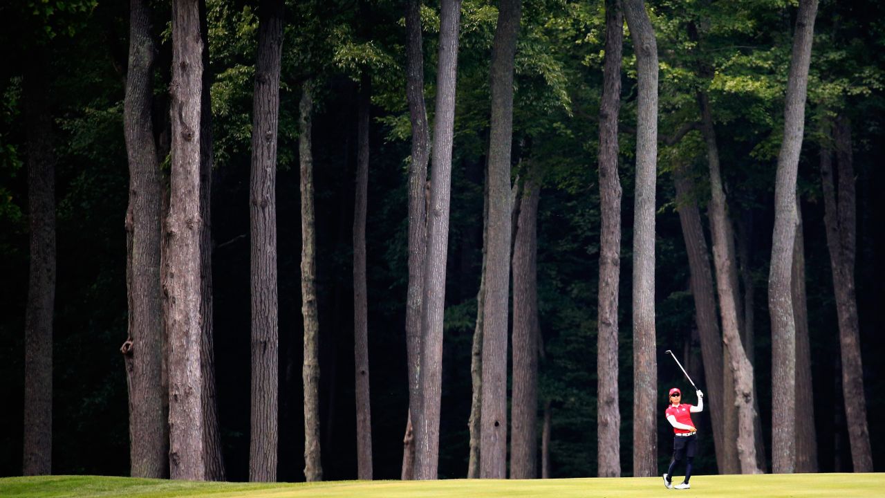 Japanese golfer Mamiko Higa watches a shot Sunday, July 27, during the final round of the International Crown event played at Cave Valley Golf Club in Owings Mills, Maryland. Japan finished tied for third in the inaugural eight-country competition, which was won by Spain. 
