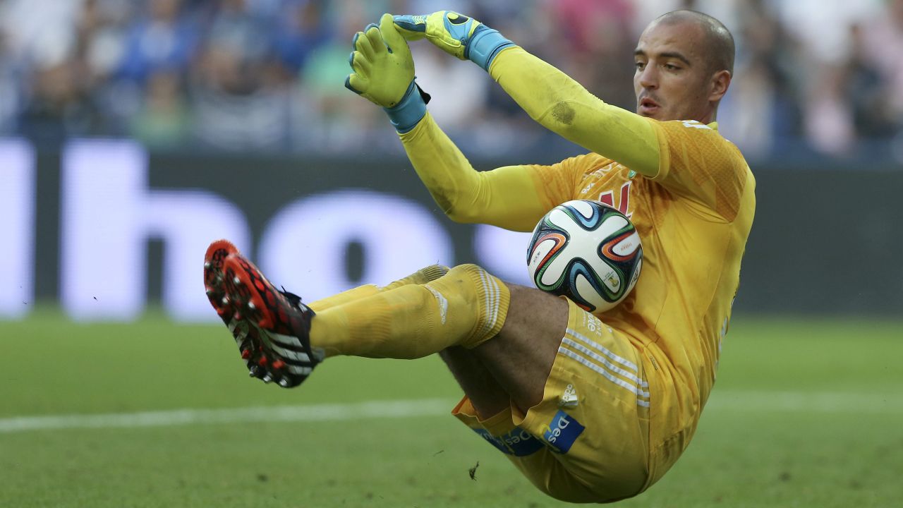 Saint-Etienne goalkeeper Jessy Moulin saves the ball during a preseason match against Porto played Sunday, July 27, in Porto, Portugal. The match ended scoreless.