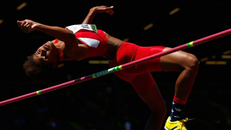 Rachel McCoy of the United States competes in the high jump Friday, July 25, during the IAAF World Junior Championships in Eugene, Oregon. McCoy finished fourth in the event, which was won by Morgan Lake of Great Britain.