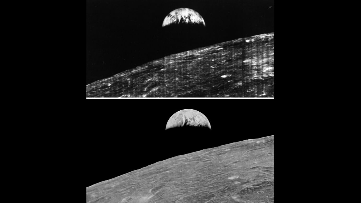 Comparación de la imagen original de la salida de la Tierra como la vio el público en 1966 y la imagen restaurada, publicada en 2008. 