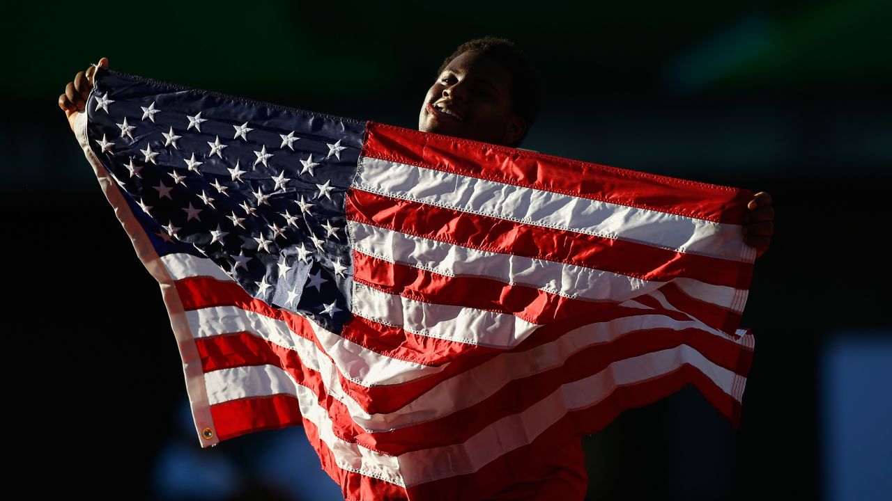 American athlete Braheme Days celebrates Thursday, July 24, after placing third in the men's shot put at the IAAF World Junior Championships in Eugene, Oregon. Poland's Konrad Bukowiecki won the event.