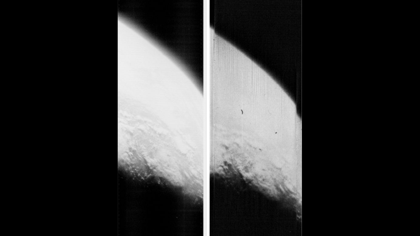 Comparación de la resolución y la calidad de la imagen entre la imagen restaurada y la imagen original (a la derecha) de una salida de la Tierra tomada por el Orbitador Lunar 1 el 25 de agosto de 1966. 