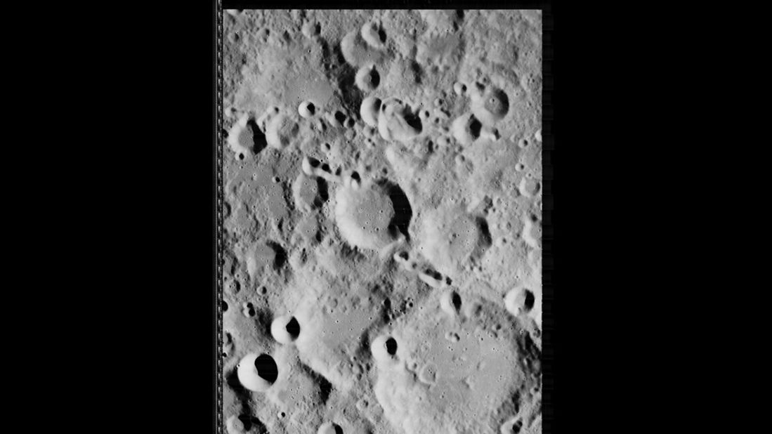 Straight shot of the lunar surface taken by Lunar Orbiter 2 on 19 November 1966.