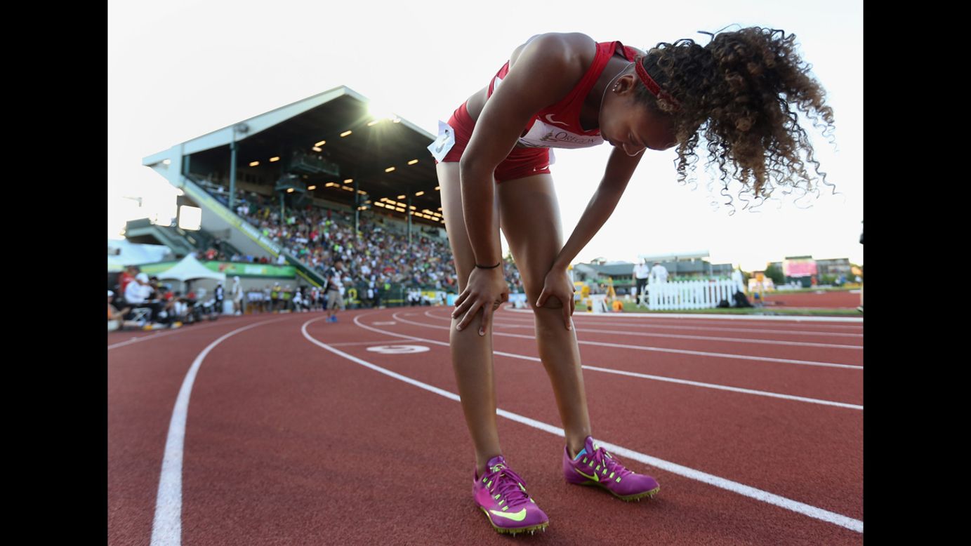 Kaylin Whitney of the United States reacts after winning the 200-meter final Friday, July 25, at the IAAF World Junior Championships in Eugene, Oregon.