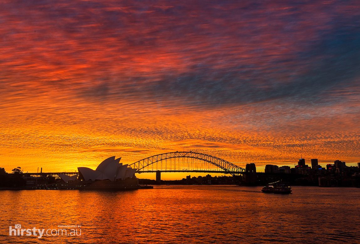 Sydney residents enjoyed a stunning sunset Monday night, and took to social media to share their favorite shots. Photographer <a href="http://facebook.com/hirstyphotos" target="_blank" target="_blank">Richard Hirsty</a> captures the Sydney Opera House and Sydney Harbour against a florescent sky.