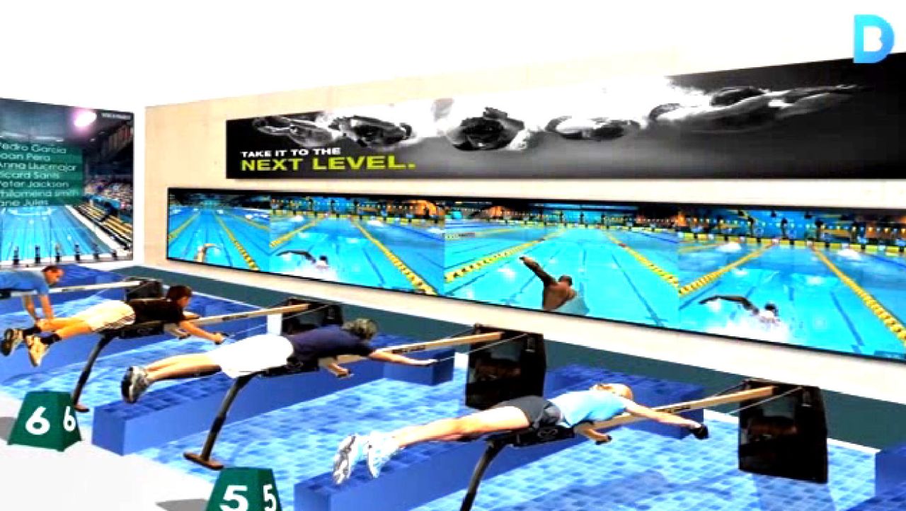 Details of a new sports-based theme park in Barcelona are sketchy, but promotional images show visitors taking part in virtual swimming races.