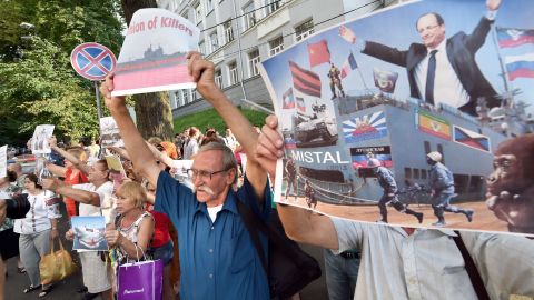 Ukrainian protesters at the French ambassador's residence in Kiev, protesting sale of Mistral warships to Russia, July 14, 2014.
