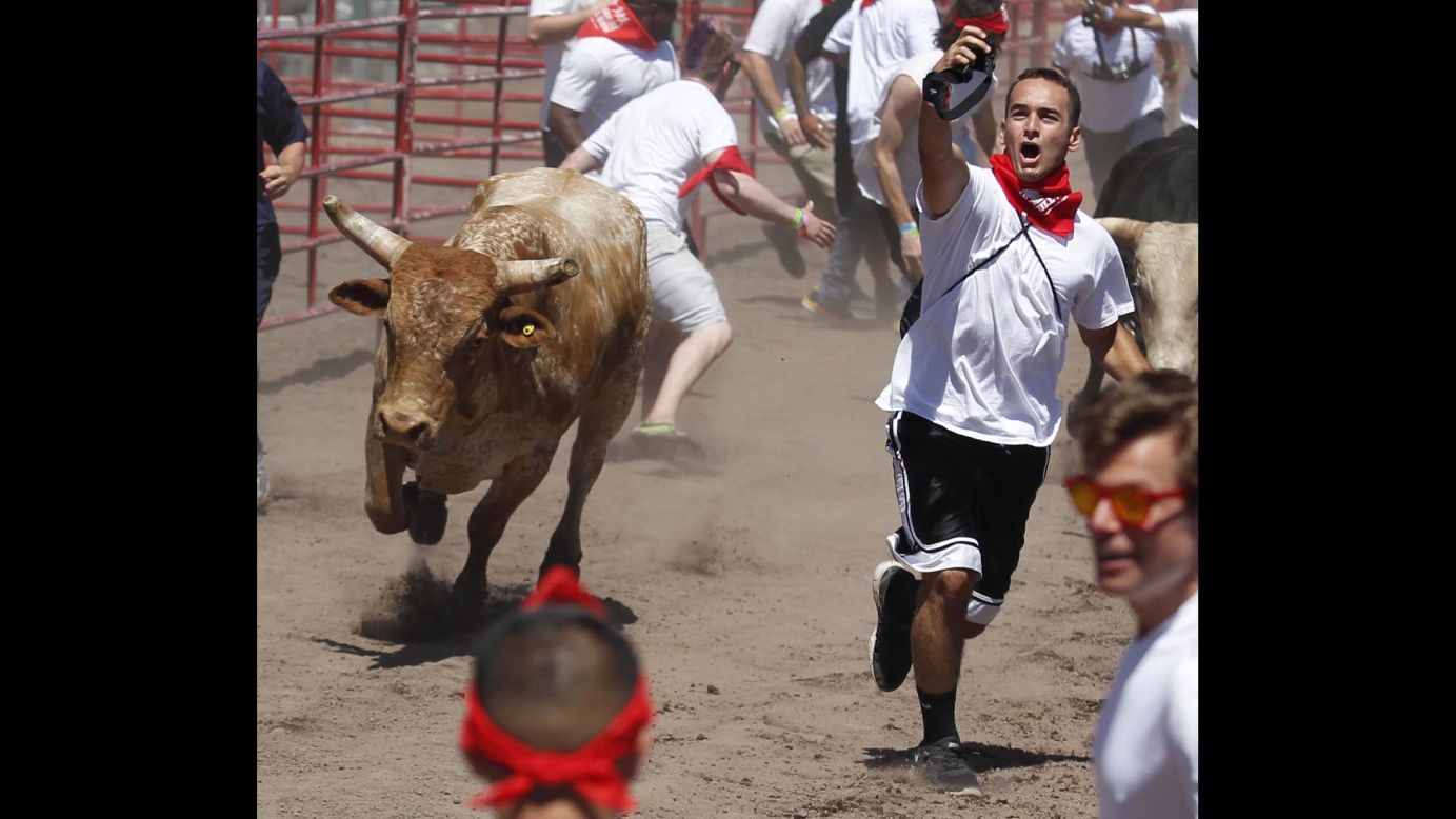 A man tries to take a selfie with a bull Saturday, July 26, during The Great Bull Run at the Alameda County Fairgrounds in Pleasanton, California.