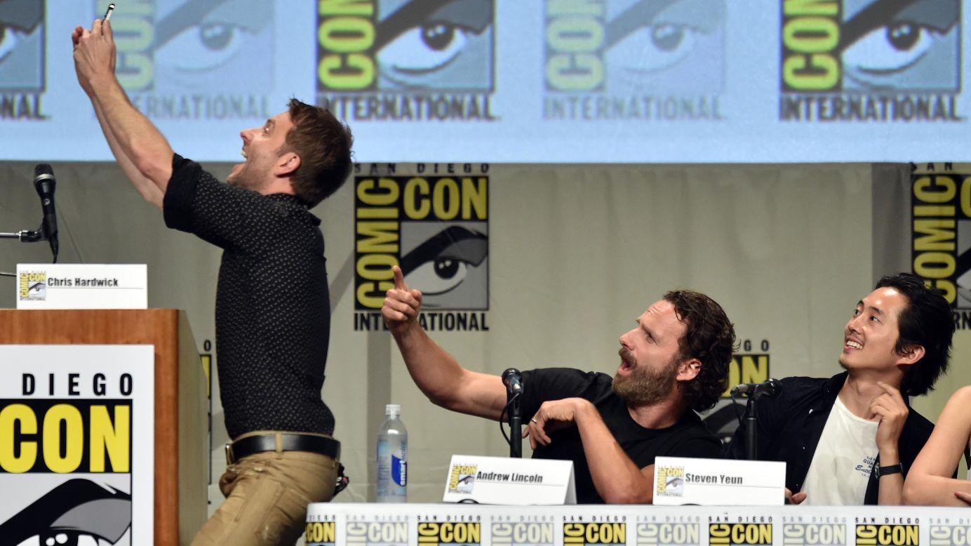 Television personality Chris Hardwick takes a selfie with actors Andrew Lincoln and Steven Yeun during San Diego's Comic-Con on Friday, July 25. Hardwick was hosting a panel for AMC's hit show "The Walking Dead."