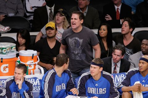Mark Cuban roots for his team, the Dallas Mavericks, as they play the Los Angeles Lakers on October 30, 2009, in Los Angeles.
