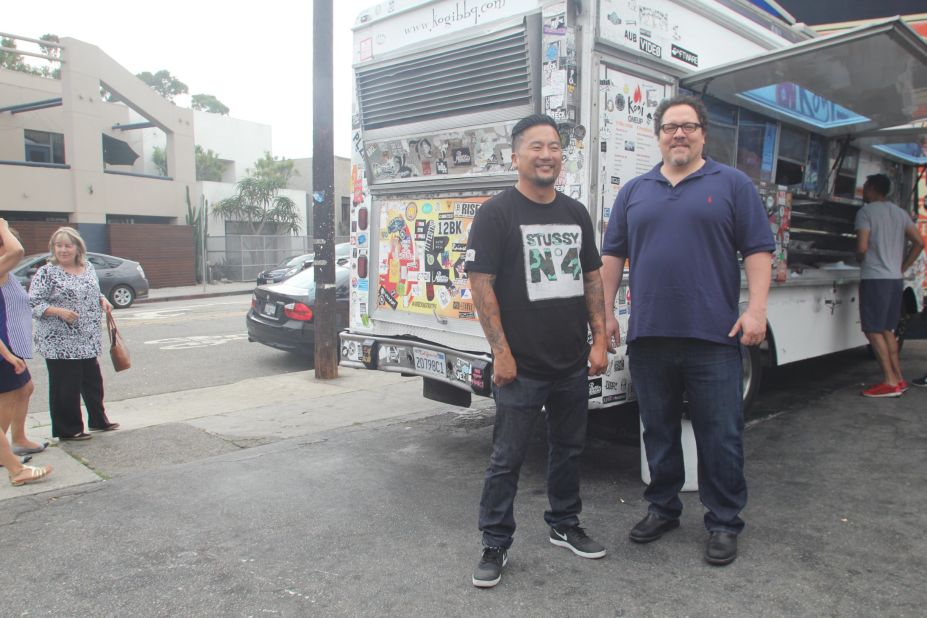 Before filming "Chef," Favreau (right) sought out consulting help from chef Roy Choi (left), whose Kogi food truck launched a Korean taco phenomenon in 2008.