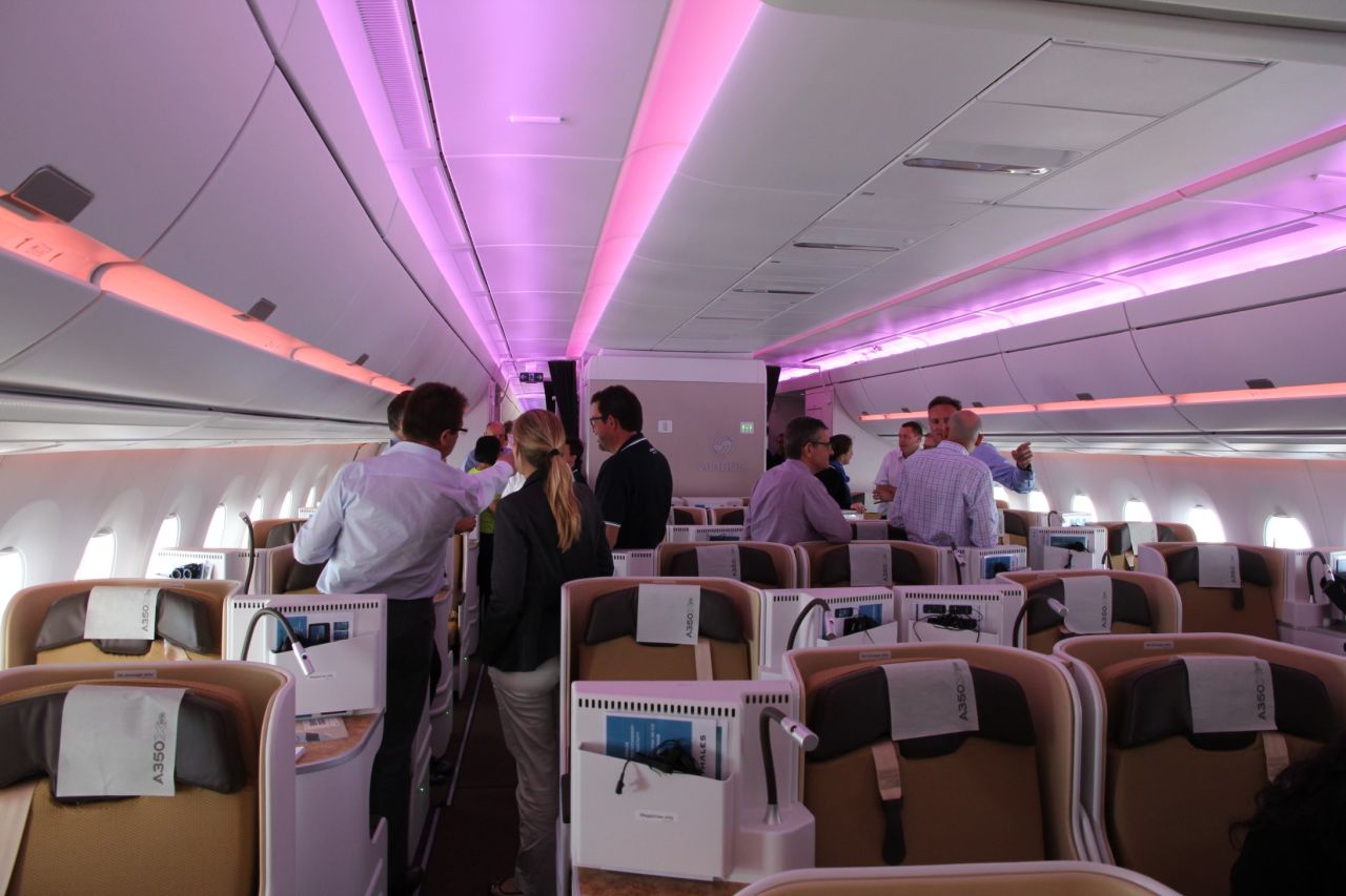 The plane's adjustable LED lighting system has 16.7 million color combinations.