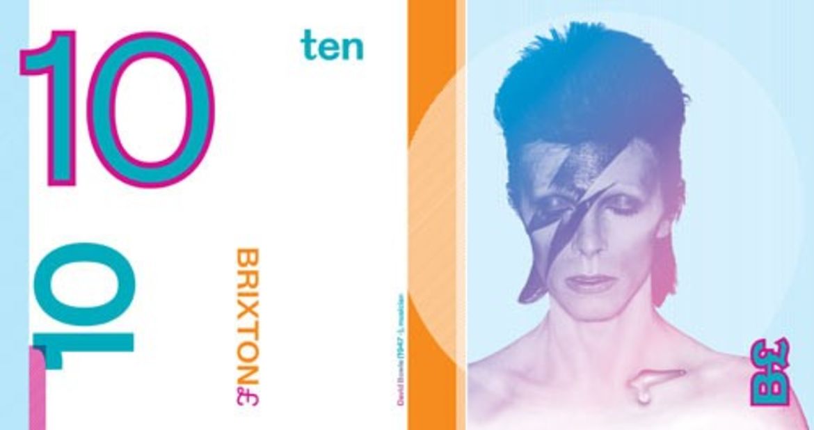 David Bowie, who lived in Brixton from 1947 to 1953, was one of the local heroes featured in the second edition of Brixton Pounds that were unveiled in September 2011.